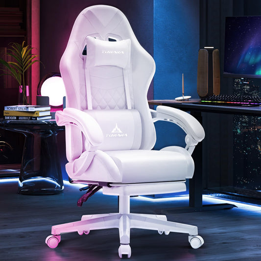 TUKAKA White Gaming Chair,Ergonomic Massage Computer Office Desk Chair with Footrest,Pocket Spring Cushion,Reclining Leather Adjustable Gamer Chair with Headrest and Lumbar Support,White