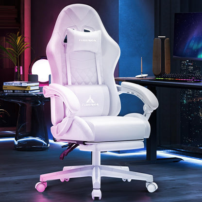 TUKAKA White Gaming Chair,Ergonomic Massage Computer Office Desk Chair with Footrest,Pocket Spring Cushion,Reclining Leather Adjustable Gamer Chair with Headrest and Lumbar Support,White