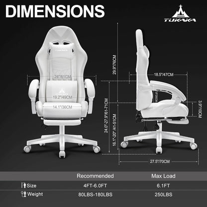 TUKAKA White Gaming Chair,Ergonomic Massage Computer Office Desk Chair with Footrest,Pocket Spring Cushion,Reclining Leather Adjustable Gamer Chair with Headrest and Lumbar Support,White