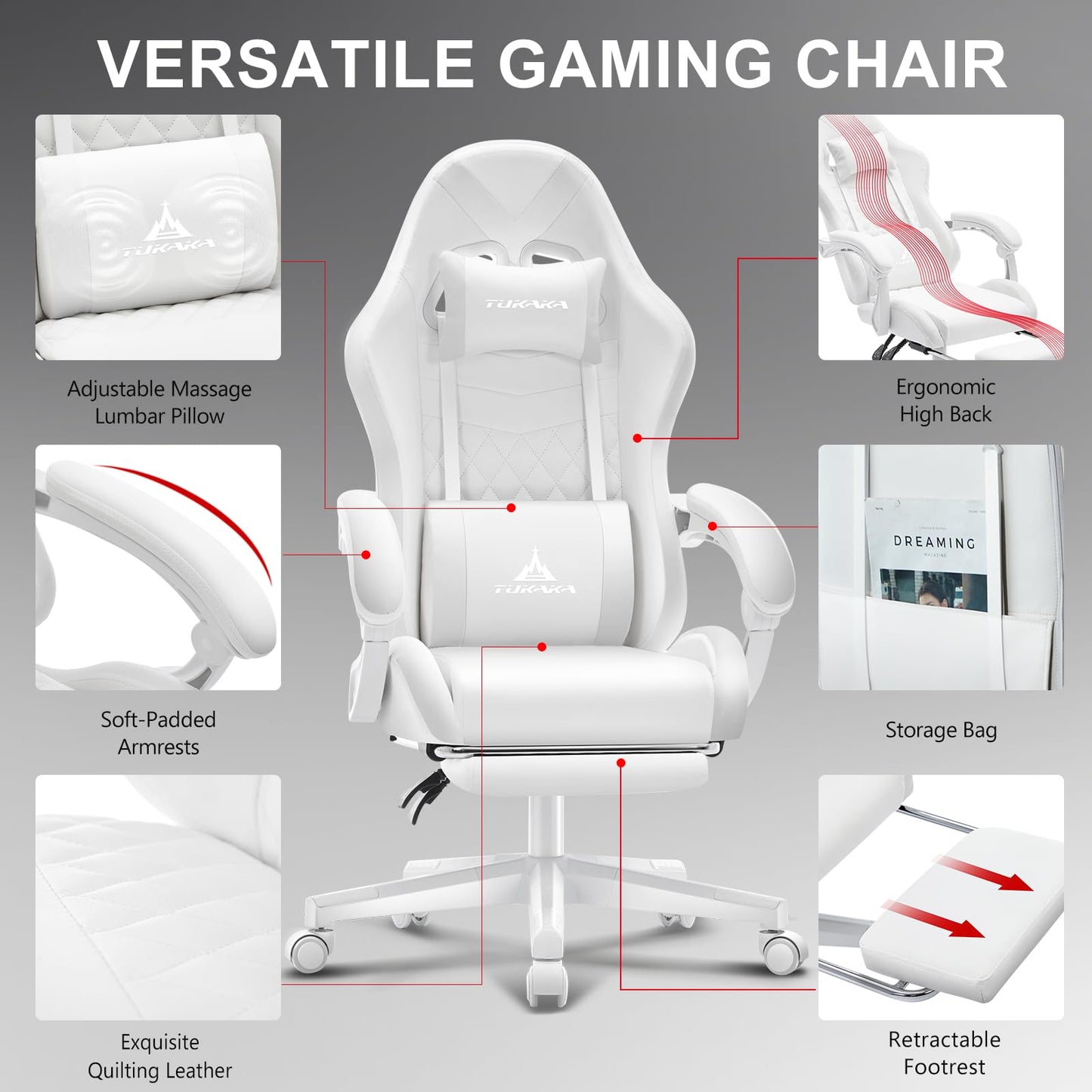 TUKAKA White Gaming Chair,Ergonomic Massage Computer Office Desk Chair with Footrest,Pocket Spring Cushion,Reclining Leather Adjustable Gamer Chair with Headrest and Lumbar Support,White