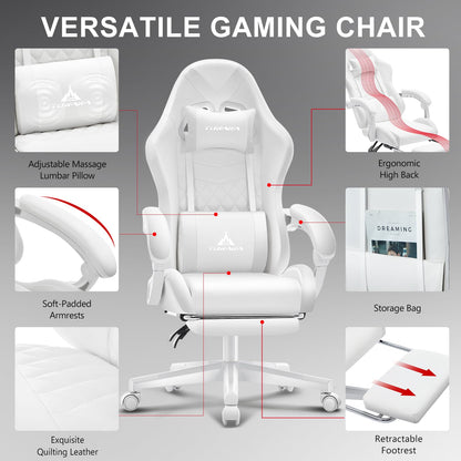 TUKAKA White Gaming Chair,Ergonomic Massage Computer Office Desk Chair with Footrest,Pocket Spring Cushion,Reclining Leather Adjustable Gamer Chair with Headrest and Lumbar Support,White