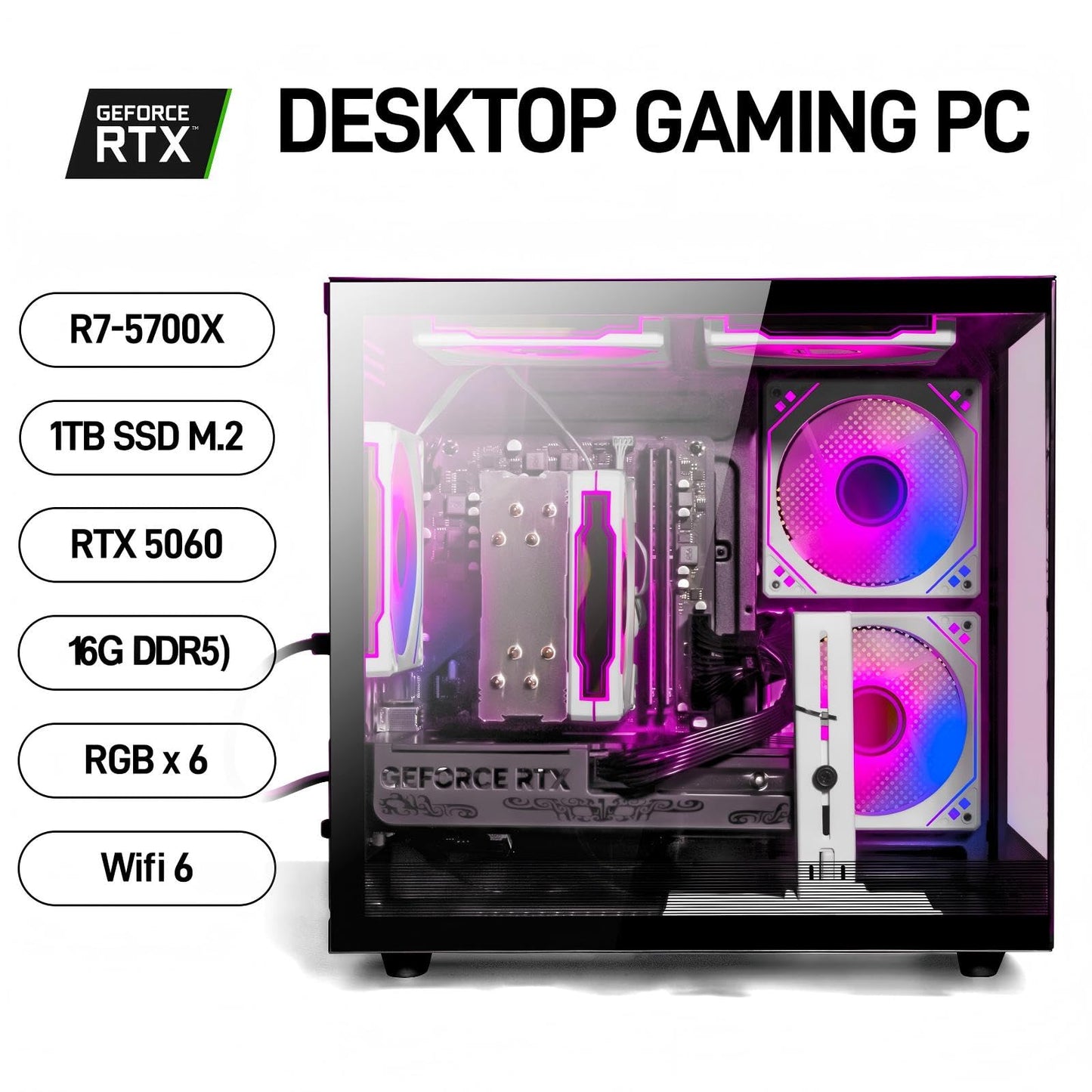 WIWB Gaming PC Desktop Ryzen 7 5700X, GeForce RTX 5060, 16GB DDR4 RAM, 1TB NVME SSD, Prebuilt Tower Computer for Gaming, Home VR (Black)