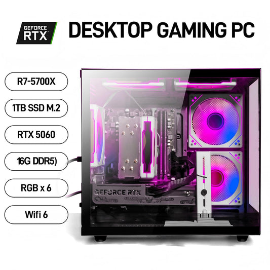 WIWB Gaming PC Desktop Ryzen 7 5700X, GeForce RTX 5060, 16GB DDR4 RAM, 1TB NVME SSD, Prebuilt Tower Computer for Gaming, Home VR (Black)