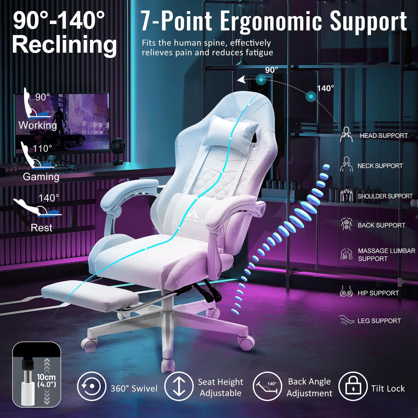 TUKAKA White Gaming Chair,Ergonomic Massage Computer Office Desk Chair with Footrest,Pocket Spring Cushion,Reclining Leather Adjustable Gamer Chair with Headrest and Lumbar Support,White