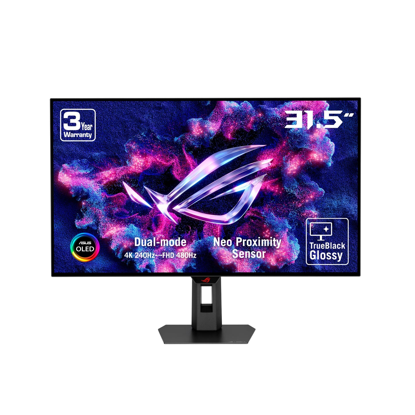 ASUS ROG Strix 32” 4K OLED Gaming Monitor (XG32UCWMG) - TrueBlack Glossy, Dual Mode(4K@240Hz, FHD@480Hz), 0.03ms, G-SYNC Compatible, Neo Proximity Sensor, USB-C, HDMI 2.1, 3 yr Warranty